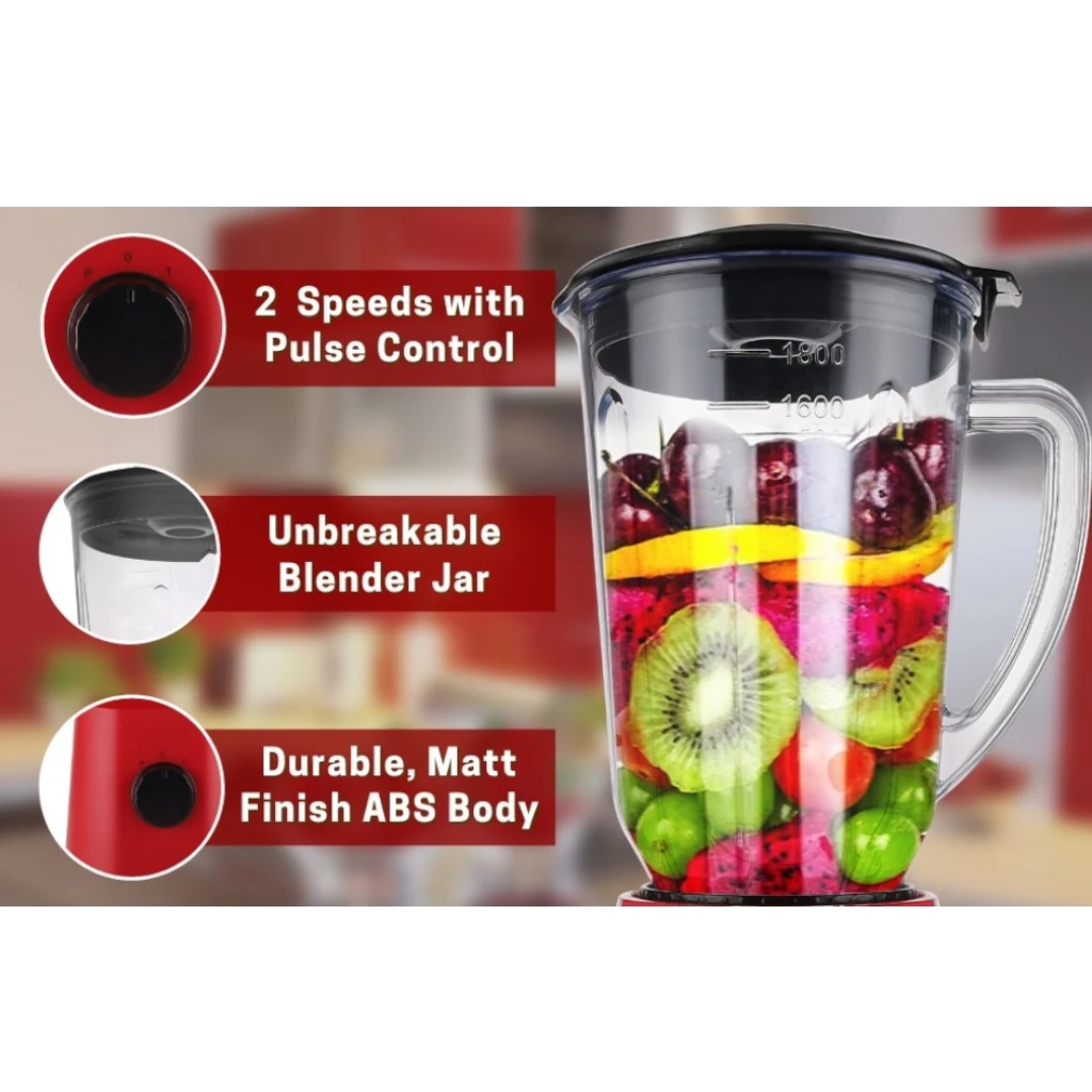 Sonashi 2-in-1 Blender – 650W Motor, 1.8L Unbreakable Jar, Grinding Cup, 2-Speed with Pulse, Overheat Protection, Safety Lock – Red - SB-154 - Damoo