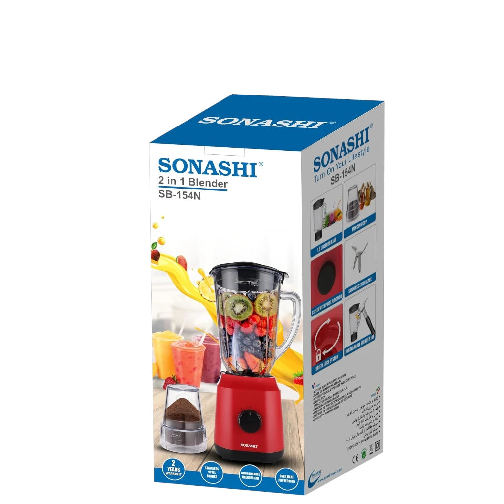 Sonashi 2-in-1 Blender – 650W Motor, 1.8L Unbreakable Jar, Grinding Cup, 2-Speed with Pulse, Overheat Protection, Safety Lock – Red - SB-154 - Damoo