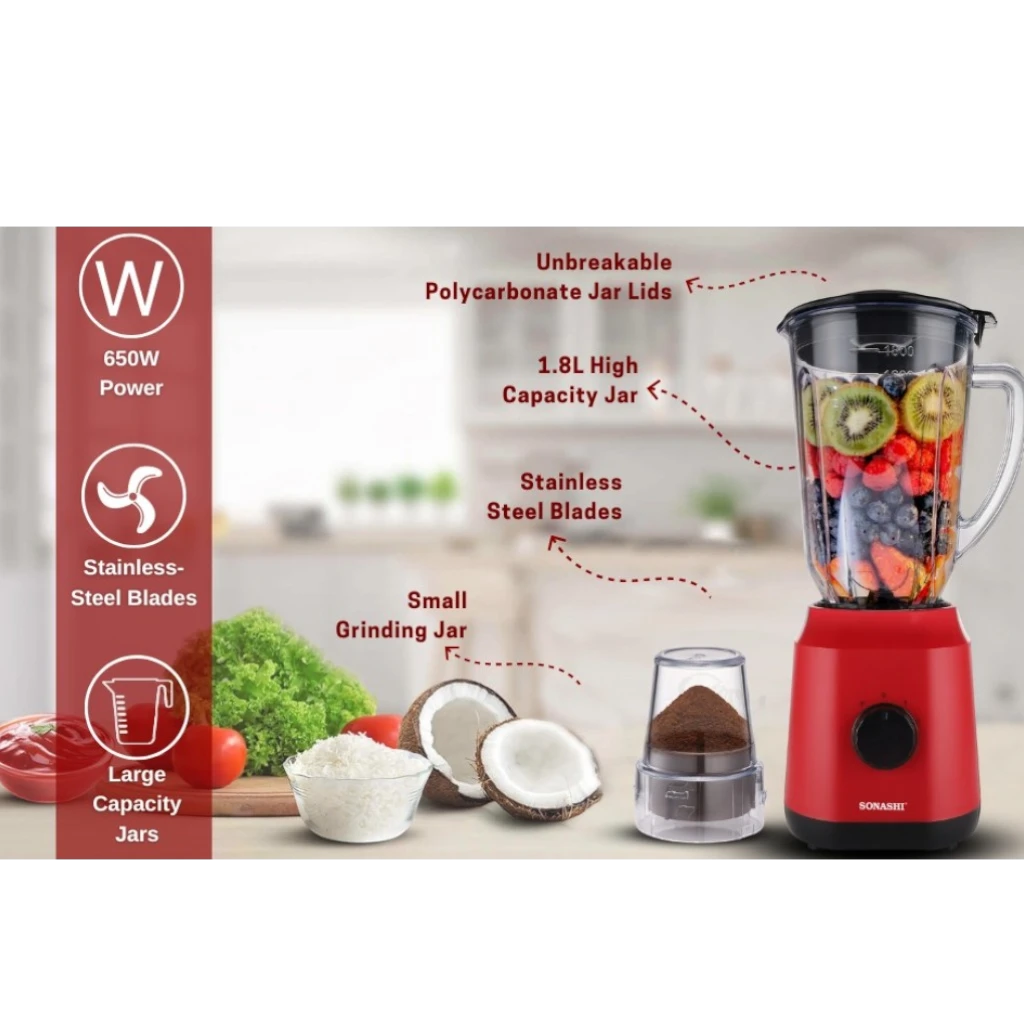 Sonashi 2-in-1 Blender – 650W Motor, 1.8L Unbreakable Jar, Grinding Cup, 2-Speed with Pulse, Overheat Protection, Safety Lock – Red - SB-154 - Damoo