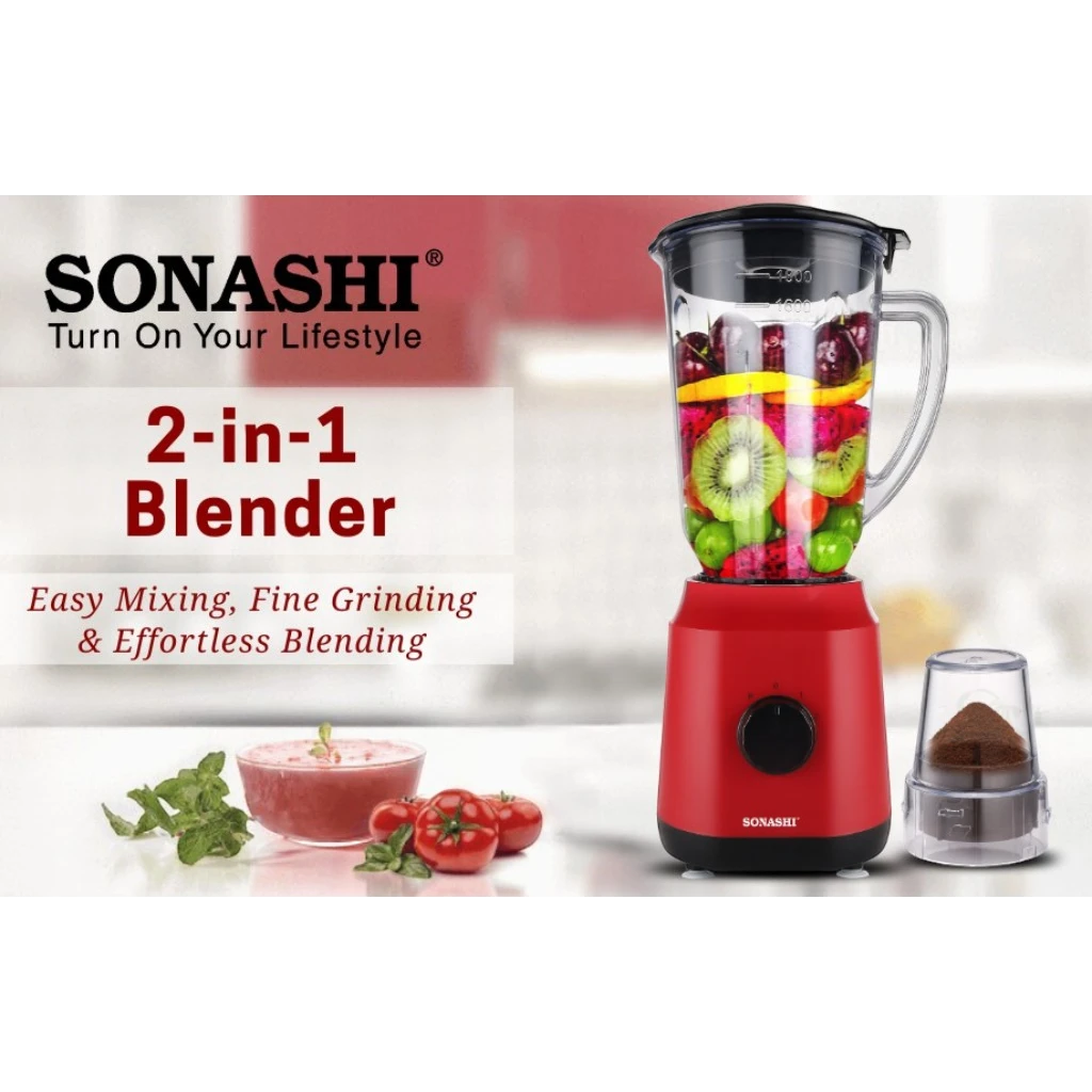 Sonashi 2-in-1 Blender – 650W Motor, 1.8L Unbreakable Jar, Grinding Cup, 2-Speed with Pulse, Overheat Protection, Safety Lock – Red - SB-154 - Damoo