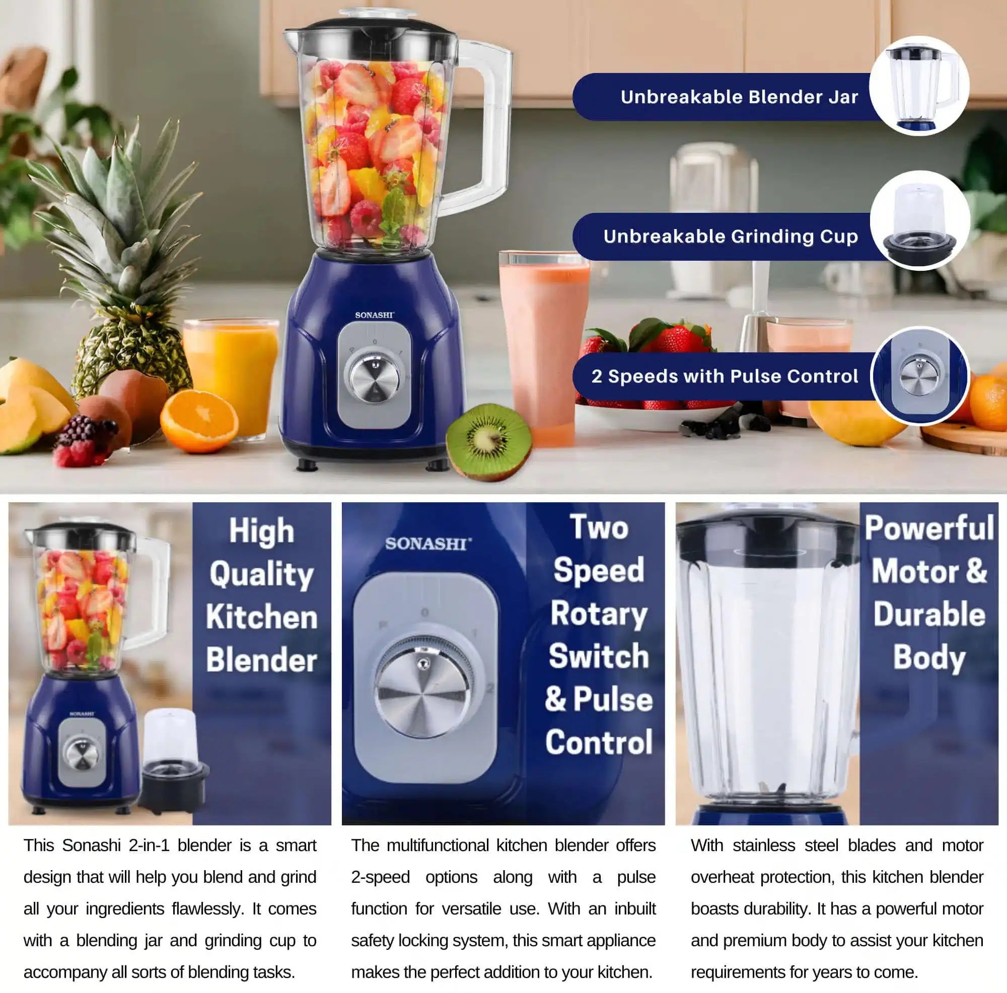 Sonashi 2-in-1 Blender SB-161N1 – 1.5L Unbreakable Jar, 500W Copper Motor, Pulse Control, Stainless Steel Blade, Grinder Cup | Blue - Damoo