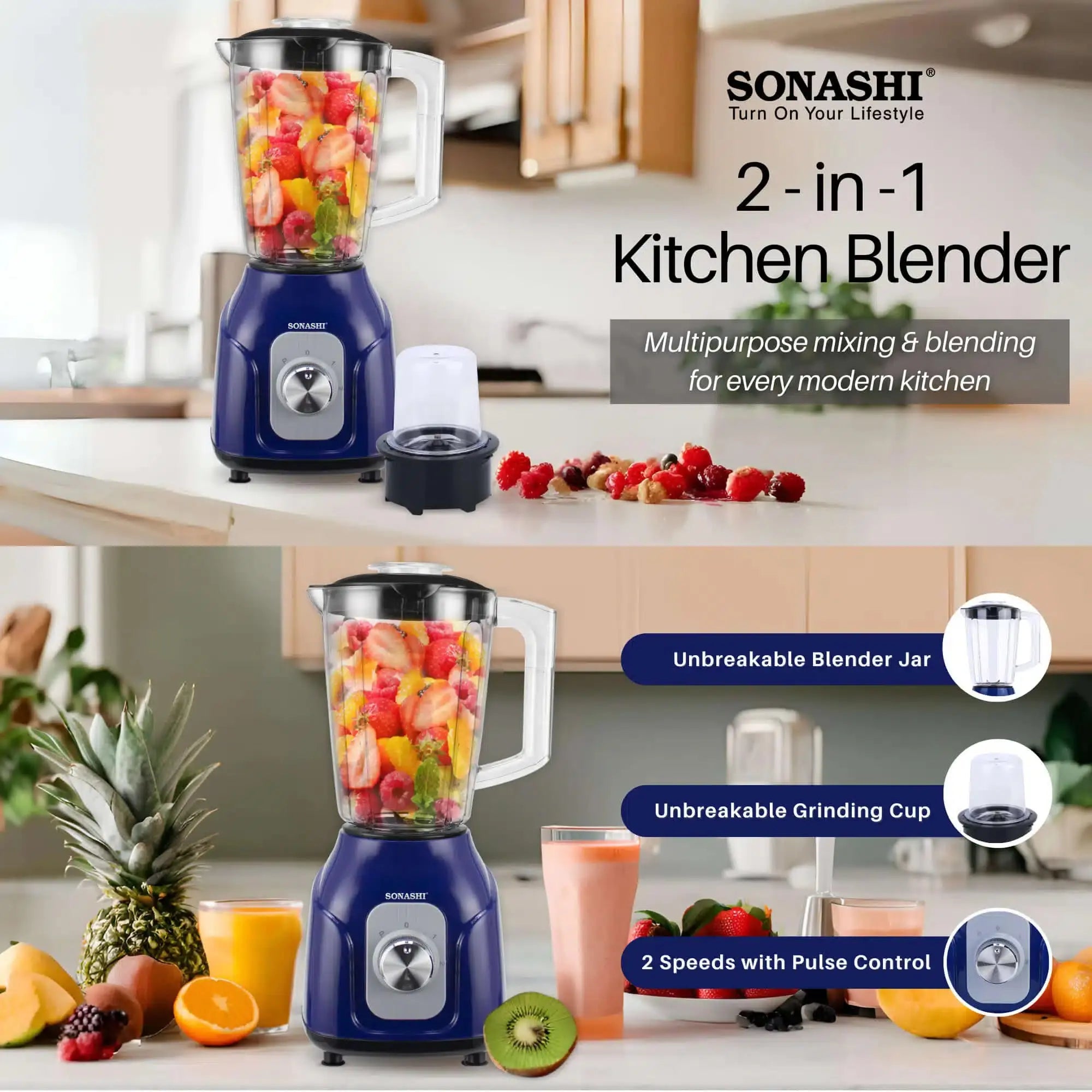 Sonashi 2-in-1 Blender SB-161N1 – 1.5L Unbreakable Jar, 500W Copper Motor, Pulse Control, Stainless Steel Blade, Grinder Cup | Blue - Damoo