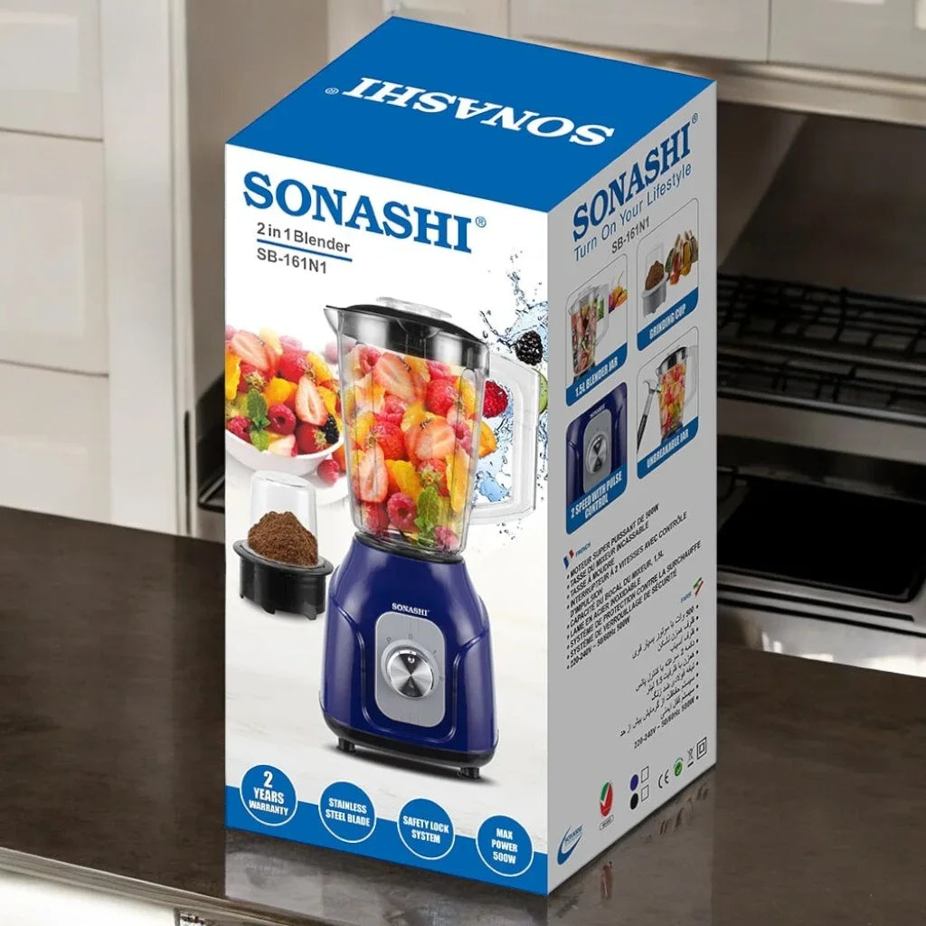 Sonashi 2-in-1 Blender SB-161N1 – 1.5L Unbreakable Jar, 500W Copper Motor, Pulse Control, Stainless Steel Blade, Grinder Cup | Blue - Damoo