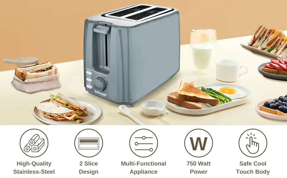 Sonashi 2-Slice Bread Toaster ST-210 – 750W Pop-Up Toaster with Adjustable Browning Control, Defrost, Reheat & Cancel Functions, Detachable Crumb Tray, Cool Touch Design – Grey - Damoo