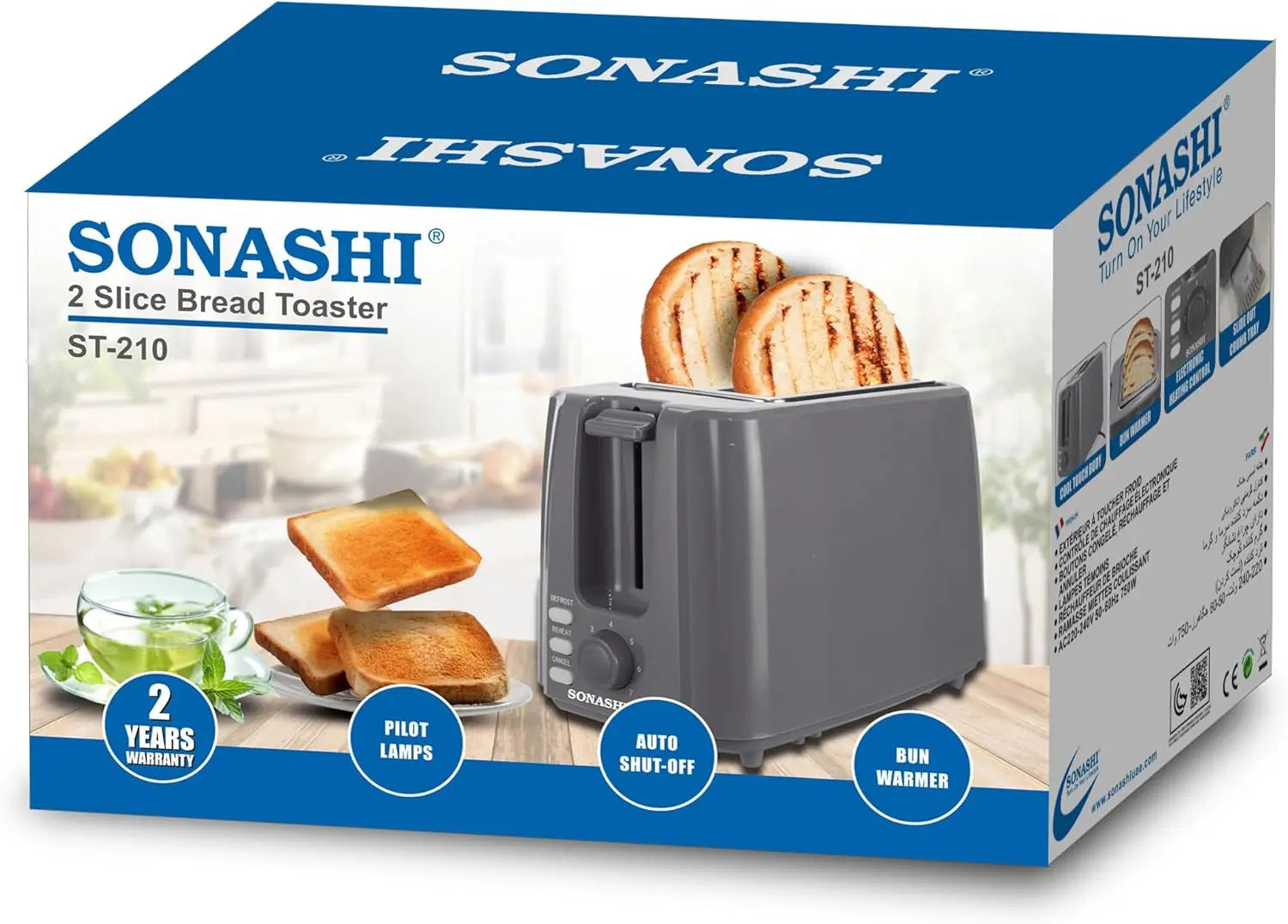Sonashi 2-Slice Bread Toaster ST-210 – 750W Pop-Up Toaster with Adjustable Browning Control, Defrost, Reheat & Cancel Functions, Detachable Crumb Tray, Cool Touch Design – Grey - Damoo