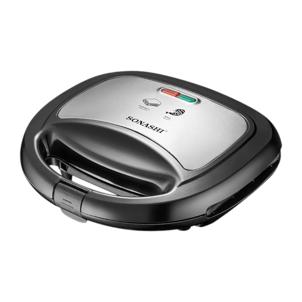 Sonashi 2-Slice Grill Sandwich Maker SGT-883 – Non-Stick Coated Plates, 750W, Stainless Steel Finish, Cool Touch Handle, Overheat Protection, Indicator Lights – Black/Silver - Damoo