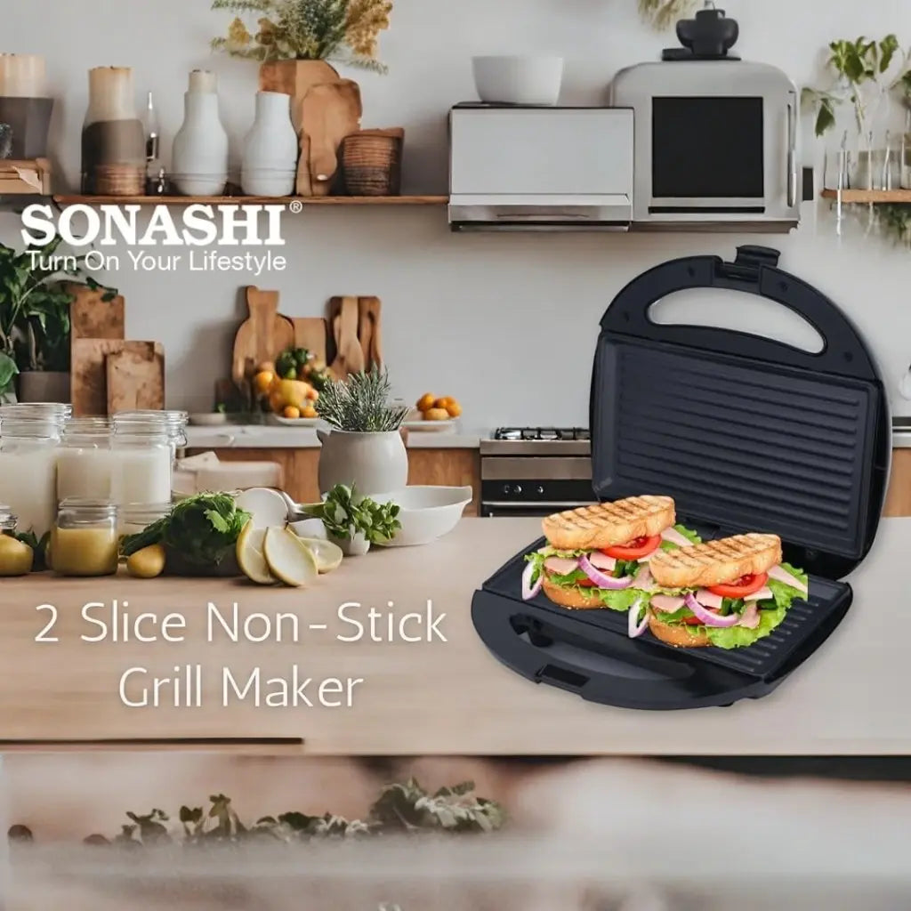 Sonashi 2-Slice Grill Sandwich Maker SGT-883 – Non-Stick Coated Plates, 750W, Stainless Steel Finish, Cool Touch Handle, Overheat Protection, Indicator Lights – Black/Silver - Damoo