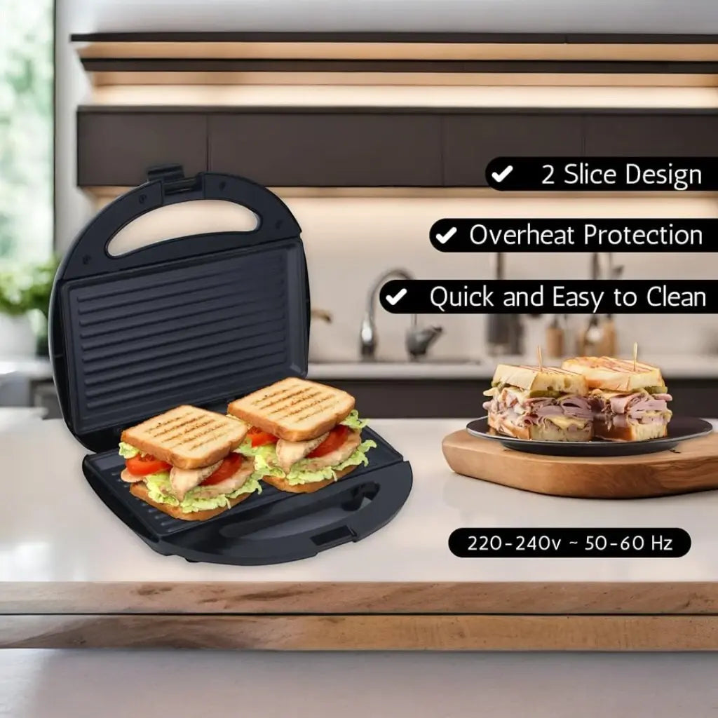 Sonashi 2-Slice Grill Sandwich Maker SGT-883 – Non-Stick Coated Plates, 750W, Stainless Steel Finish, Cool Touch Handle, Overheat Protection, Indicator Lights – Black/Silver - Damoo