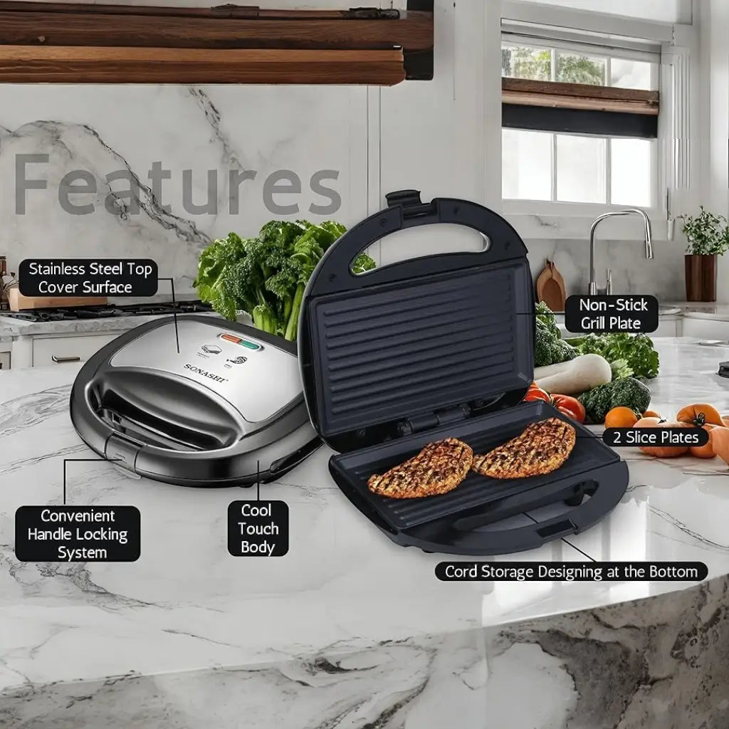 Sonashi 2-Slice Grill Sandwich Maker SGT-883 – Non-Stick Coated Plates, 750W, Stainless Steel Finish, Cool Touch Handle, Overheat Protection, Indicator Lights – Black/Silver - Damoo