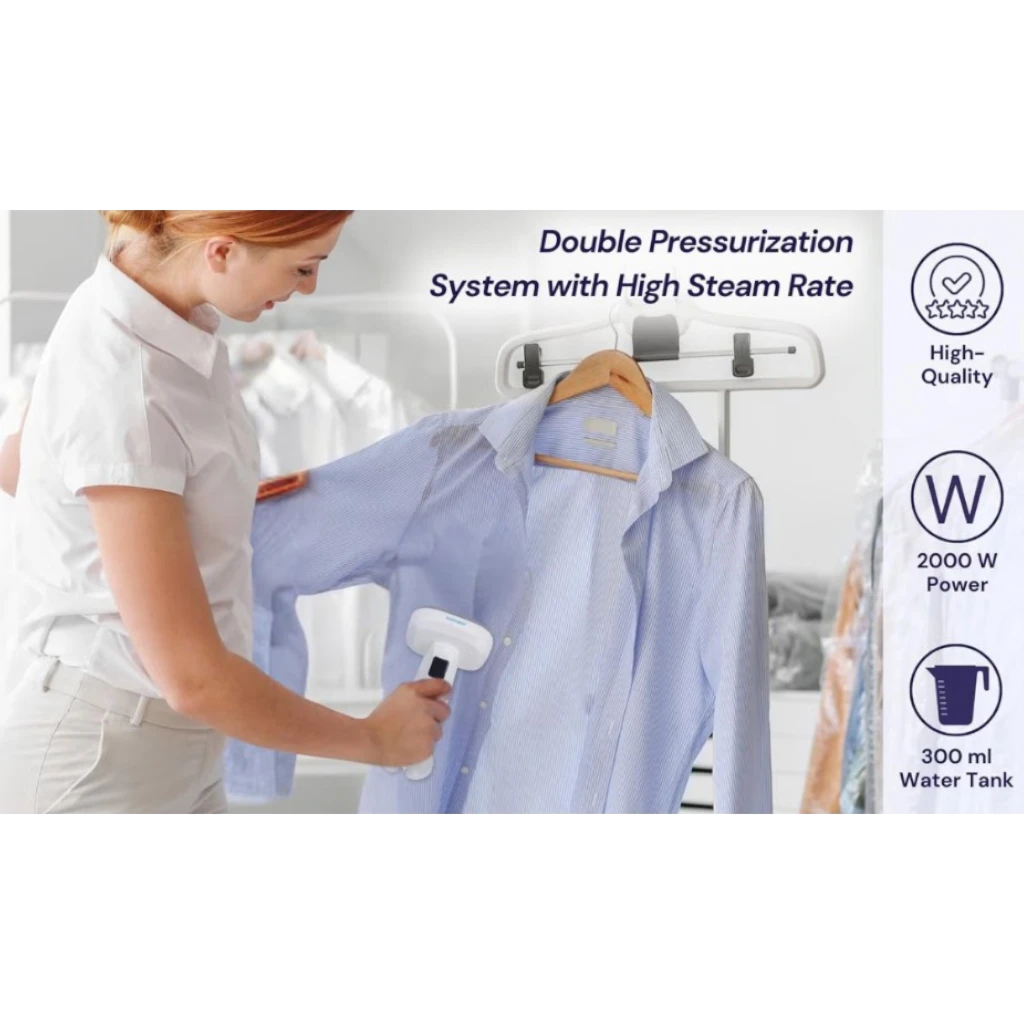 Sonashi 2000W Handheld Garment Steamer | Digital LED Display | 3 Steam Levels, 300ml Tank, Auto Shut-Off | Removable Fabric Brush – Compact White Steamer - Damoo