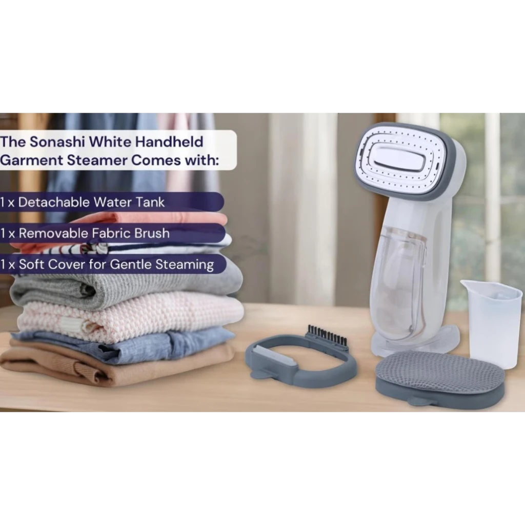 Sonashi 2000W Handheld Garment Steamer | Digital LED Display | 3 Steam Levels, 300ml Tank, Auto Shut-Off | Removable Fabric Brush – Compact White Steamer - Damoo