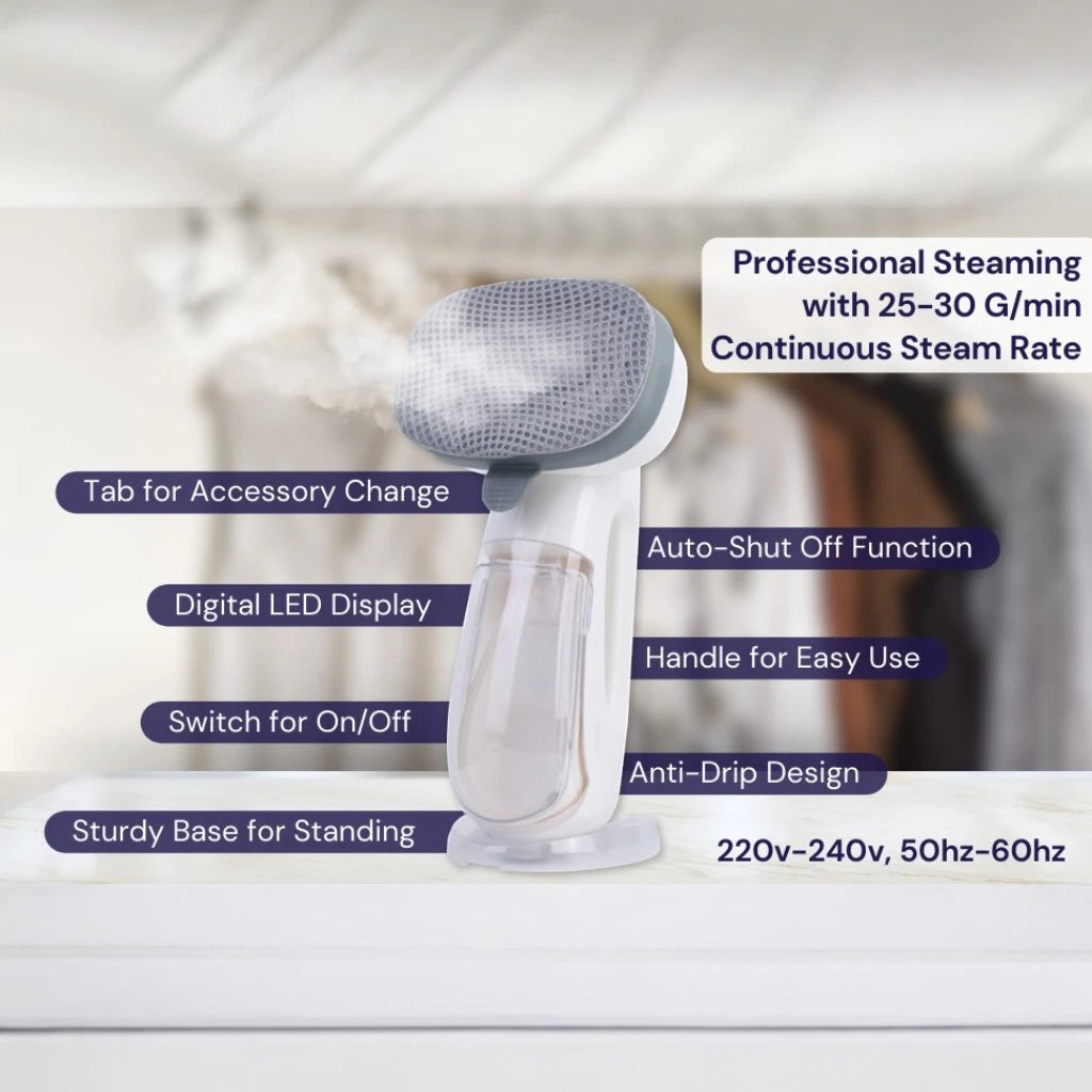 Sonashi 2000W Handheld Garment Steamer | Digital LED Display | 3 Steam Levels, 300ml Tank, Auto Shut-Off | Removable Fabric Brush – Compact White Steamer - Damoo