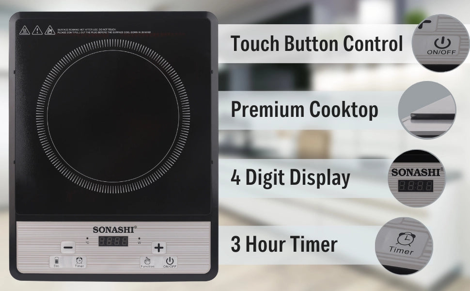 Sonashi 2000W Infrared Ceramic Cooker – Portable Electric Cooktop with Timer, Touch Controls, Adjustable Power Levels, Safety Features & Digital Display – Compact Black Design - SIS-014C - Damoo
