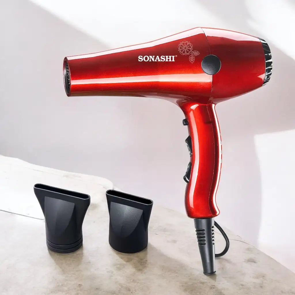 Sonashi 2000W Professional Hair Dryer for Men & Women – AC Motor, 2 Heat & Speed Settings, Cool Shot, Hot/Cold Wind, Nozzle Attachment, Lightweight & Ergonomic Design – Red/Black Glossy | SHD-3032 - Damoo