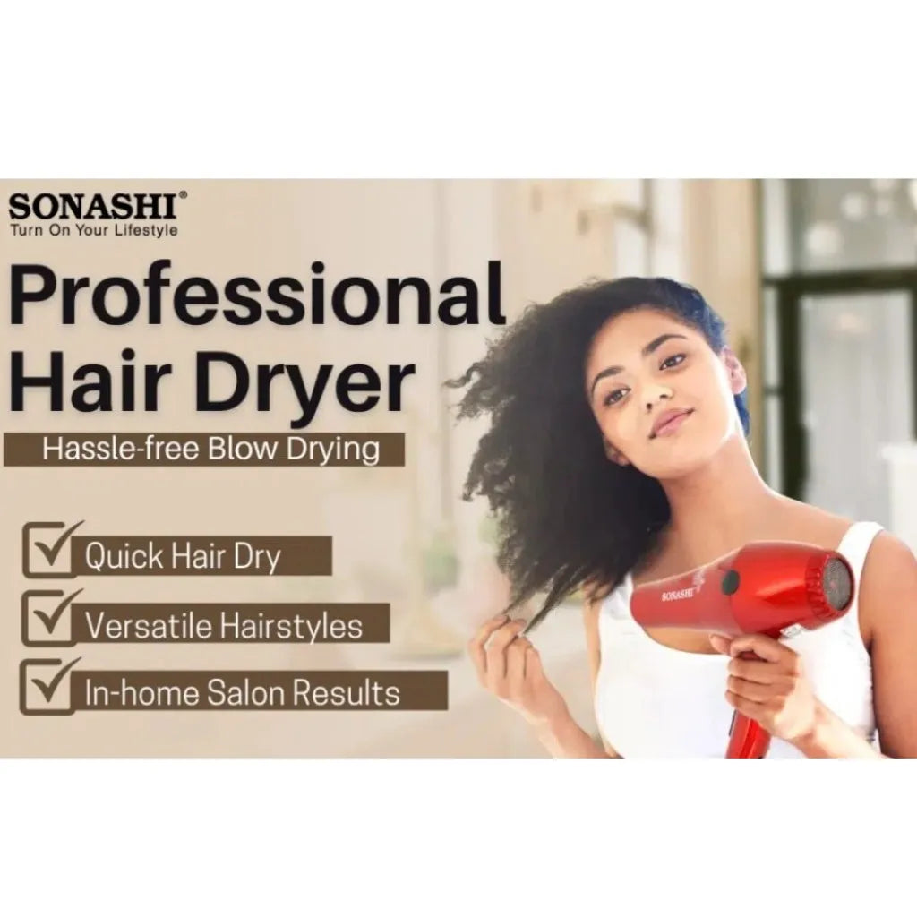 Sonashi 2000W Professional Hair Dryer for Men & Women – AC Motor, 2 Heat & Speed Settings, Cool Shot, Hot/Cold Wind, Nozzle Attachment, Lightweight & Ergonomic Design – Red/Black Glossy | SHD-3032 - Damoo