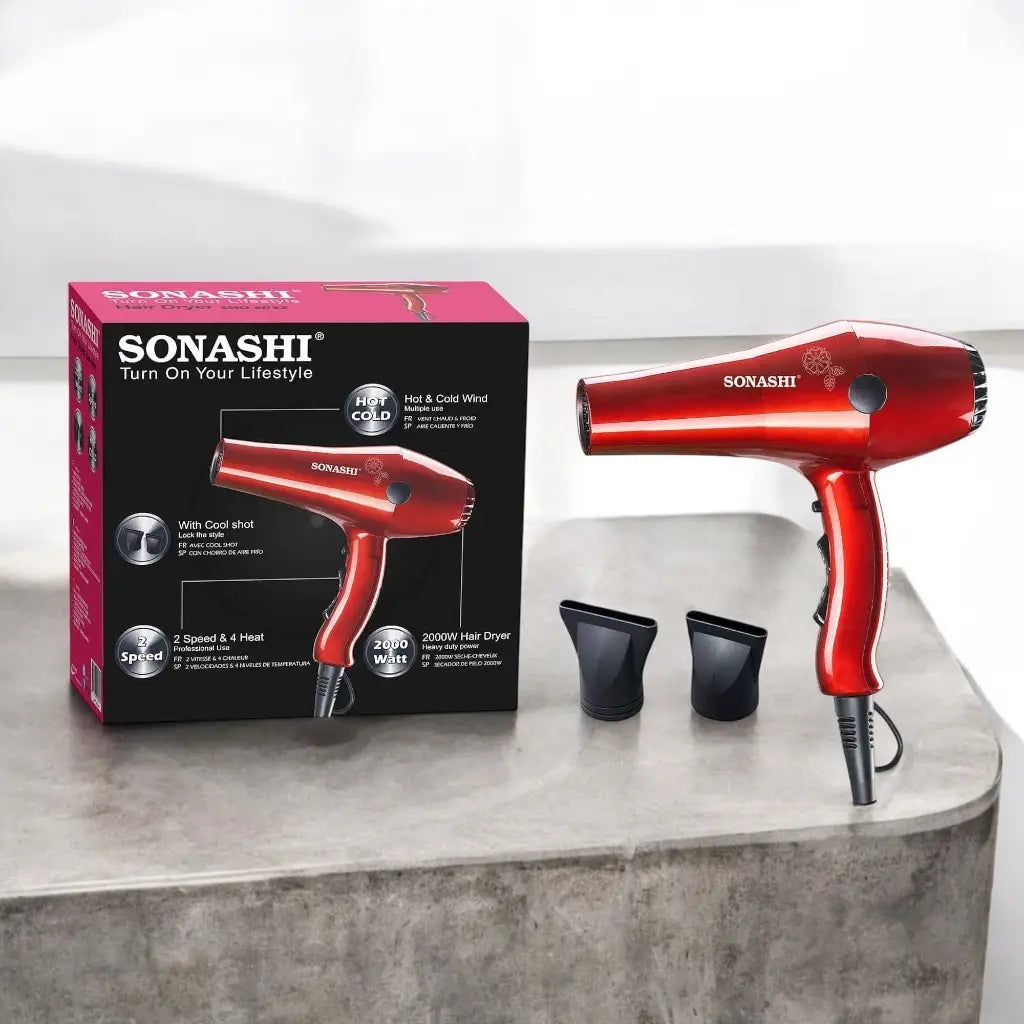 Sonashi 2000W Professional Hair Dryer for Men & Women – AC Motor, 2 Heat & Speed Settings, Cool Shot, Hot/Cold Wind, Nozzle Attachment, Lightweight & Ergonomic Design – Red/Black Glossy | SHD-3032 - Damoo