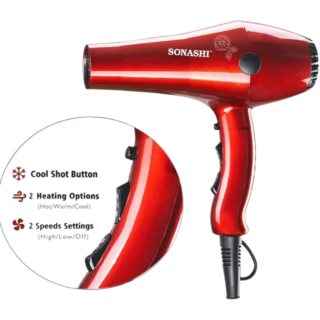 Sonashi 2000W Professional Hair Dryer for Men & Women – AC Motor, 2 Heat & Speed Settings, Cool Shot, Hot/Cold Wind, Nozzle Attachment, Lightweight & Ergonomic Design – Red/Black Glossy | SHD-3032 - Damoo