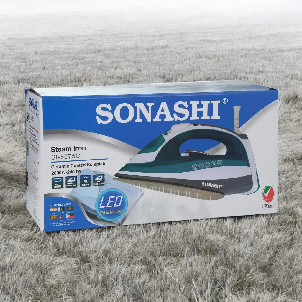 Sonashi 2400W Steam Iron SI-5075C – Ceramic Soleplate, LED Display with Auto Shut-Off, Spray, Burst Steam, Dry, Self-Cleaning | Anti-Drip & Anti-Calc Functions | Blue/White - Damoo