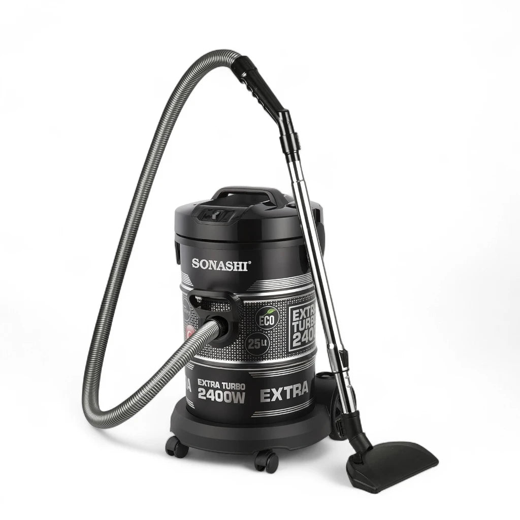 Sonashi 25L Drum Vacuum Cleaner – 2400W Powerful Suction, Low Noise, Multi-Stage Filtration, Telescopic Tube, Cloth Filter, Wheels – Black - SVC-9029D - Damoo
