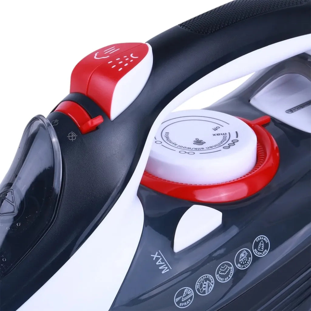 Sonashi 2800W Steam Iron with Ceramic Coated Soleplate – Steam, Burst Steam, Spray & Dry Iron Modes | 350ml Water Tank, Self-Cleaning, Anti-Drip, Anti-Calc & Auto Shut-Off – Black/Red | SI-5085C - Damoo