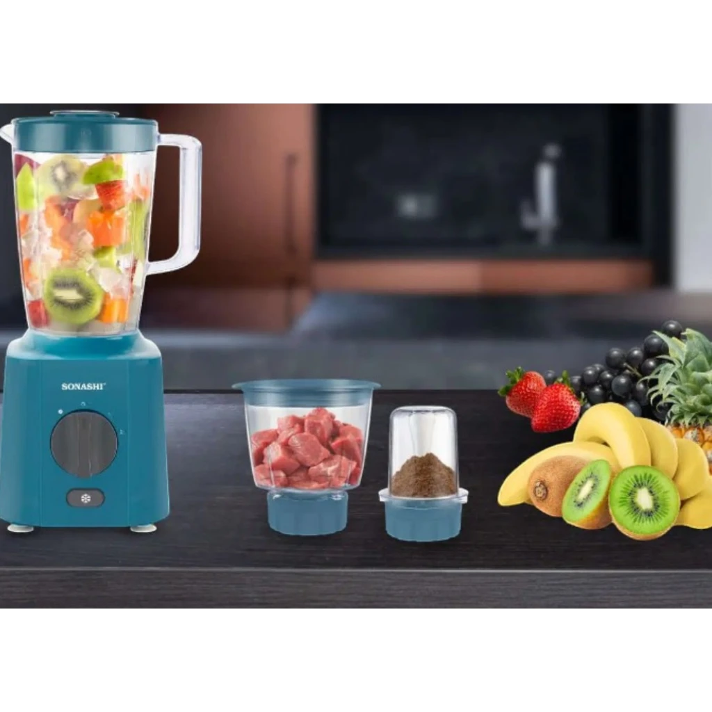Sonashi 3-in-1 Blender 650W | Unbreakable 1.8L Jar , Grinder & Chopper Cups | Stainless Steel Blades, Pulse Control, Safety Lock & Overheat Protection – SB-160N1 - Damoo