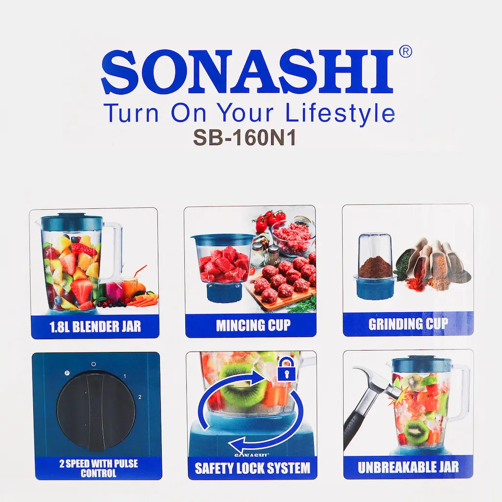 Sonashi 3-in-1 Blender 650W | Unbreakable 1.8L Jar , Grinder & Chopper Cups | Stainless Steel Blades, Pulse Control, Safety Lock & Overheat Protection – SB-160N1 - Damoo