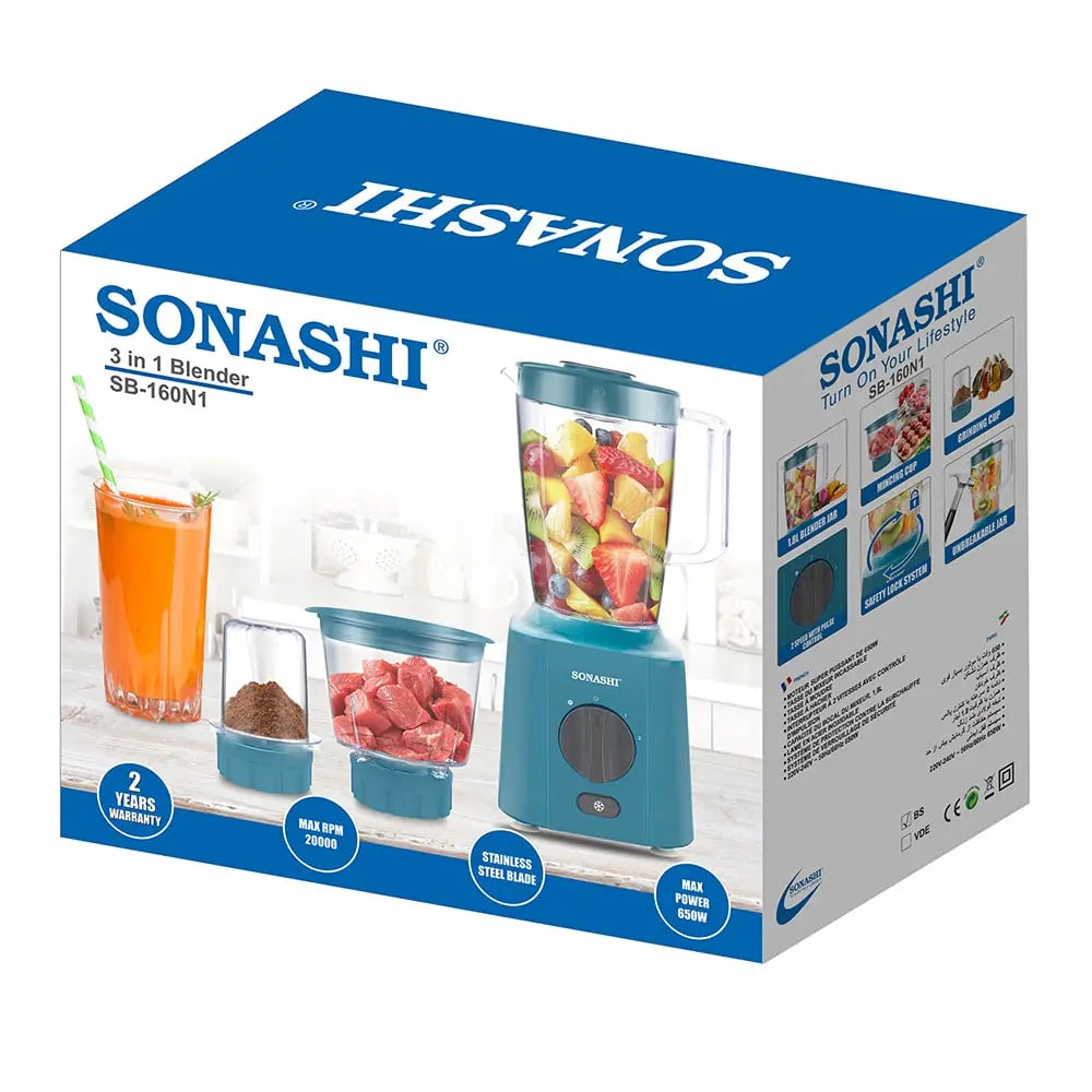 Sonashi 3-in-1 Blender 650W | Unbreakable 1.8L Jar , Grinder & Chopper Cups | Stainless Steel Blades, Pulse Control, Safety Lock & Overheat Protection – SB-160N1 - Damoo