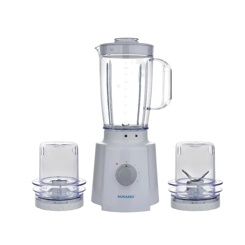 Sonashi 3-in-1 Blender with 1.6L Unbreakable Jar, Grinder & Mincer – 650W Motor, 3 Speed with Pulse, Overheat Protection, Stainless Steel Blades – SB-133N – White - Damoo