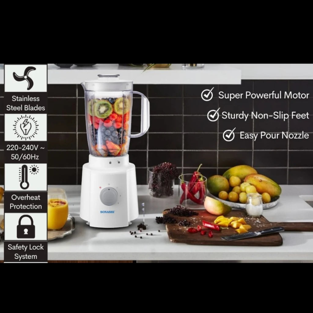 Sonashi 3-in-1 Blender with 1.6L Unbreakable Jar, Grinder & Mincer – 650W Motor, 3 Speed with Pulse, Overheat Protection, Stainless Steel Blades – SB-133N – White - Damoo