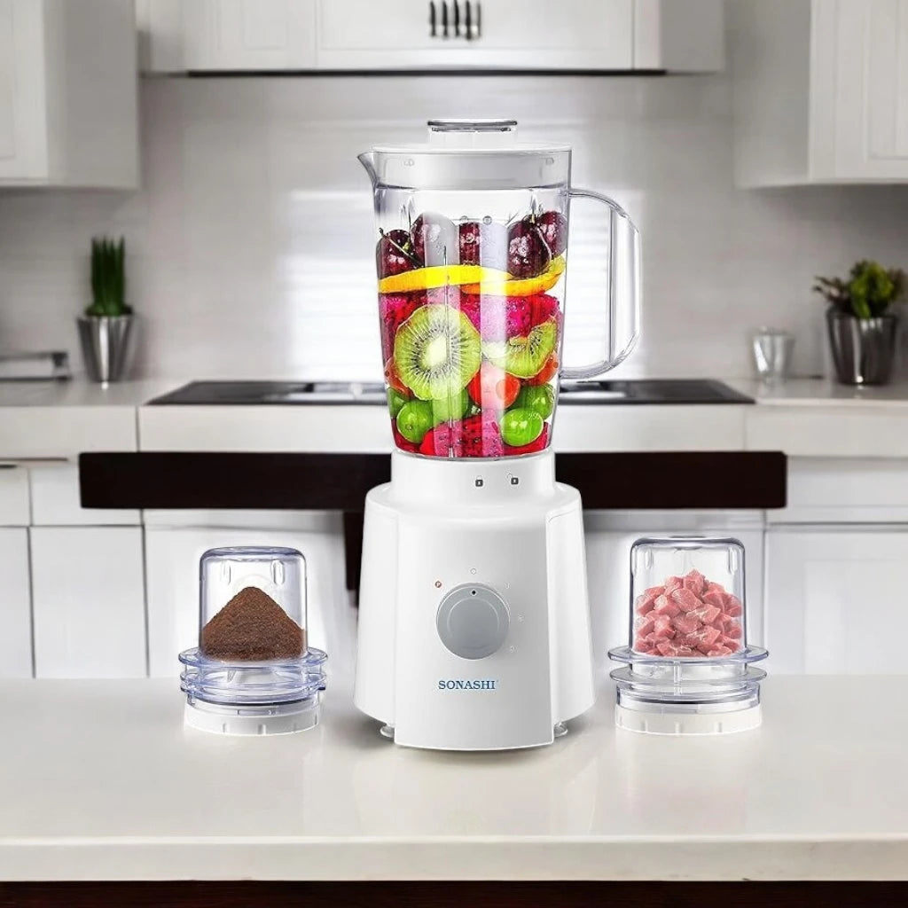 Sonashi 3-in-1 Blender with 1.6L Unbreakable Jar, Grinder & Mincer – 650W Motor, 3 Speed with Pulse, Overheat Protection, Stainless Steel Blades – SB-133N – White - Damoo