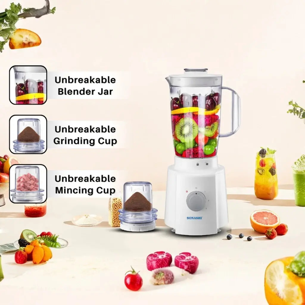 Sonashi 3-in-1 Blender with 1.6L Unbreakable Jar, Grinder & Mincer – 650W Motor, 3 Speed with Pulse, Overheat Protection, Stainless Steel Blades – SB-133N – White - Damoo