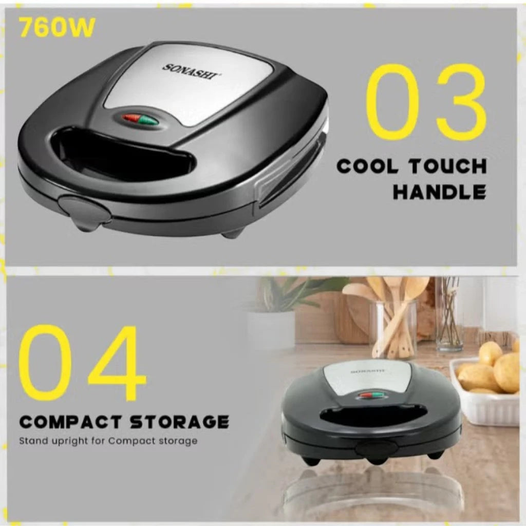 Sonashi 3-in-1 Multi Snack Maker SSM-861 – Sandwich, Waffle & Grill Plates with Non-Stick Coating, Cool-Touch Handle & Overheat Protection | 760W Stainless Steel Electric Snack Maker - Damoo