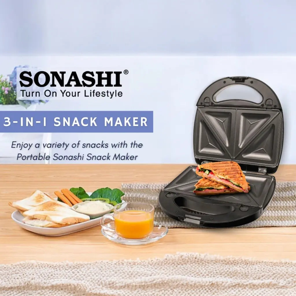 Sonashi 3-in-1 Multi Snack Maker SSM-861 – Sandwich, Waffle & Grill Plates with Non-Stick Coating, Cool-Touch Handle & Overheat Protection | 760W Stainless Steel Electric Snack Maker - Damoo