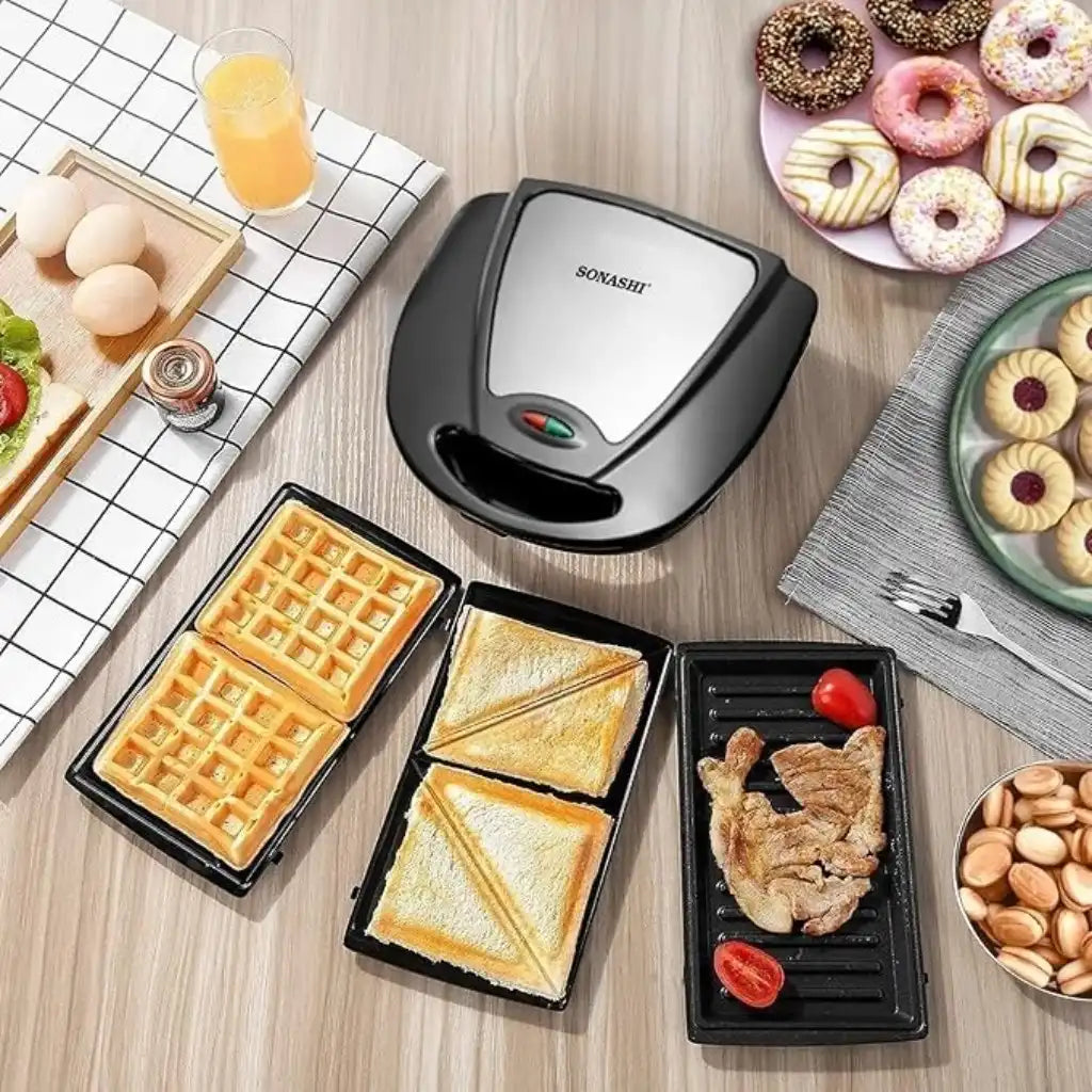 Sonashi 3-in-1 Multi Snack Maker SSM-861 – Sandwich, Waffle & Grill Plates with Non-Stick Coating, Cool-Touch Handle & Overheat Protection | 760W Stainless Steel Electric Snack Maker - Damoo
