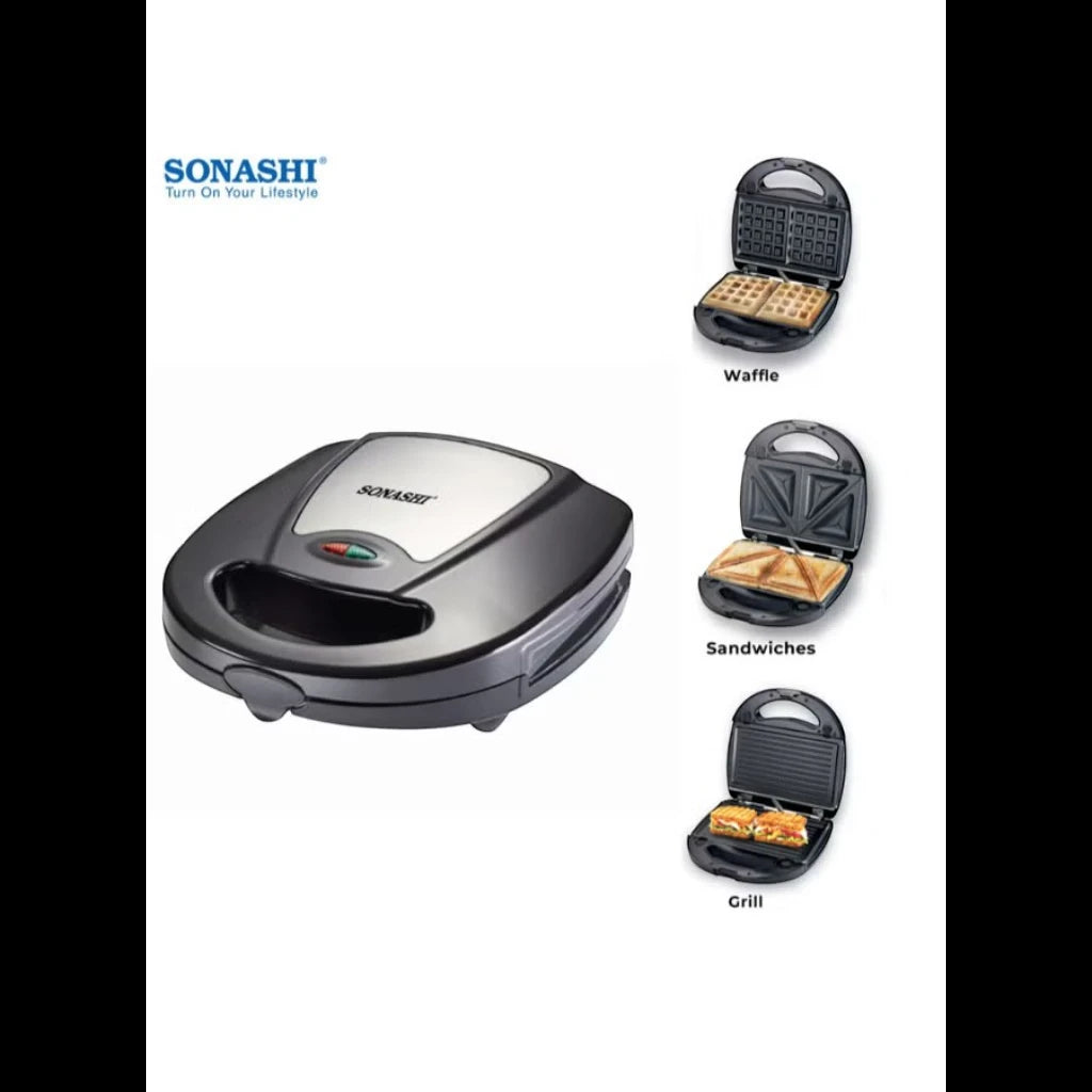 Sonashi 3-in-1 Multi Snack Maker SSM-861 – Sandwich, Waffle & Grill Plates with Non-Stick Coating, Cool-Touch Handle & Overheat Protection | 760W Stainless Steel Electric Snack Maker - Damoo