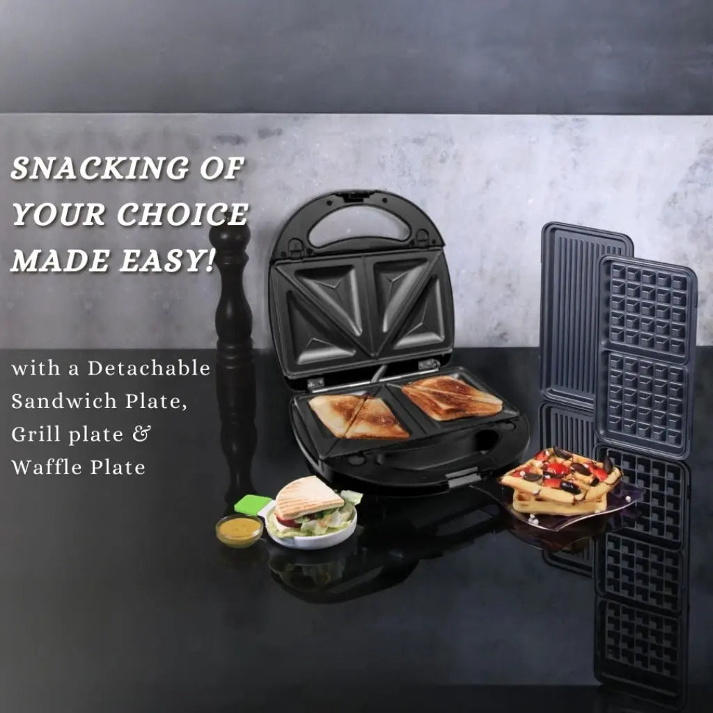 Sonashi 3-in-1 Multi Snack Maker SSM-861 – Sandwich, Waffle & Grill Plates with Non-Stick Coating, Cool-Touch Handle & Overheat Protection | 760W Stainless Steel Electric Snack Maker - Damoo