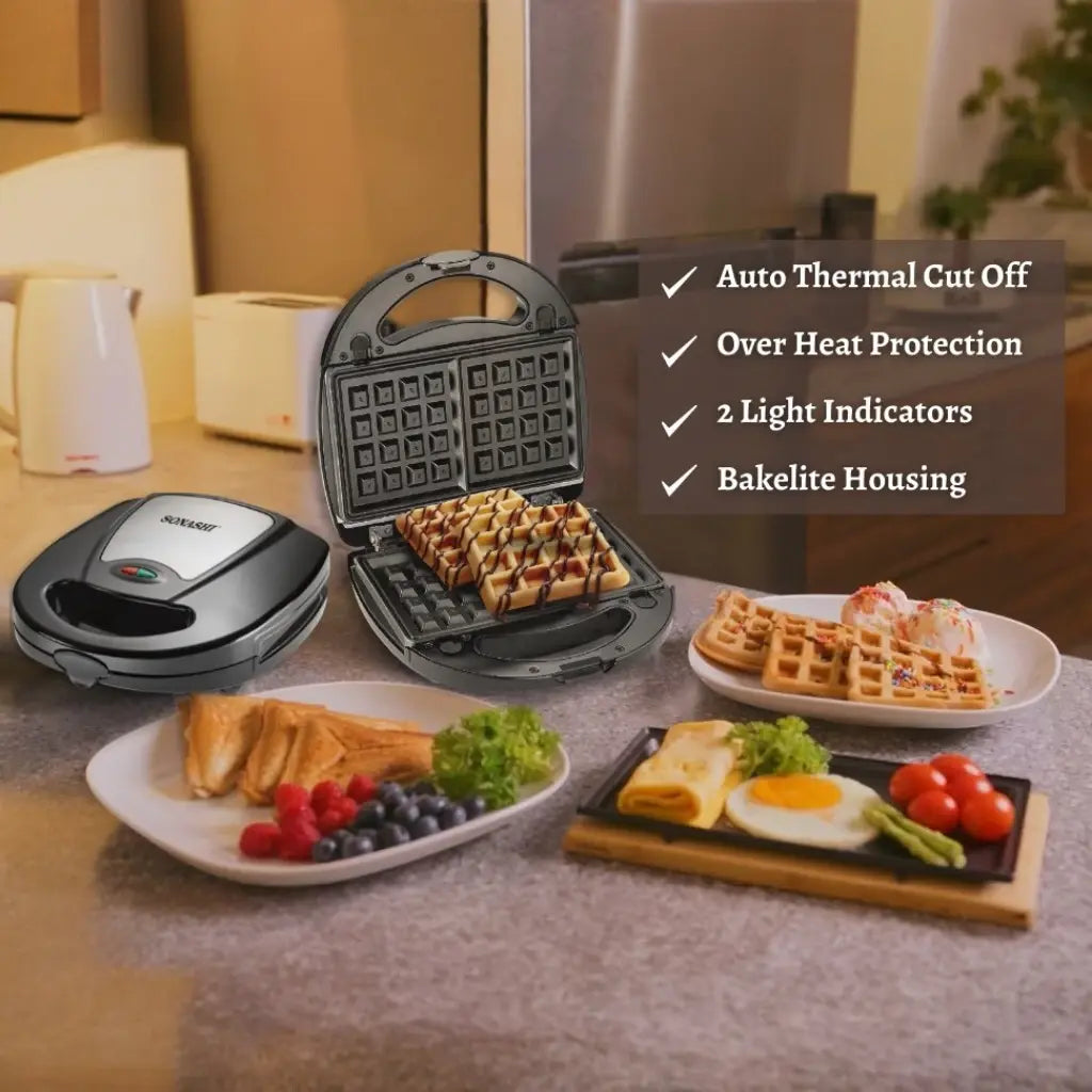 Sonashi 3-in-1 Multi Snack Maker SSM-861 – Sandwich, Waffle & Grill Plates with Non-Stick Coating, Cool-Touch Handle & Overheat Protection | 760W Stainless Steel Electric Snack Maker - Damoo