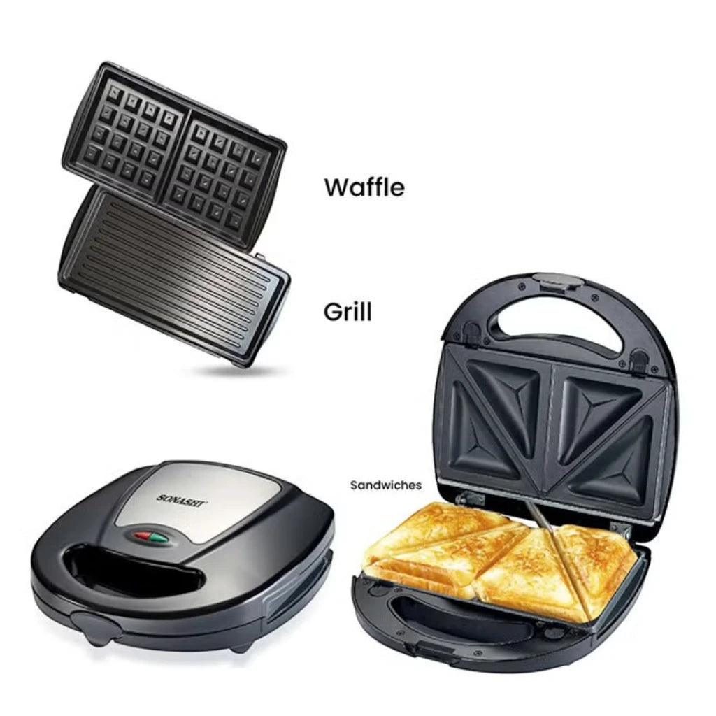 Sonashi 3-in-1 Multi Snack Maker SSM-861 – Sandwich, Waffle & Grill Plates with Non-Stick Coating, Cool-Touch Handle & Overheat Protection | 760W Stainless Steel Electric Snack Maker - Damoo