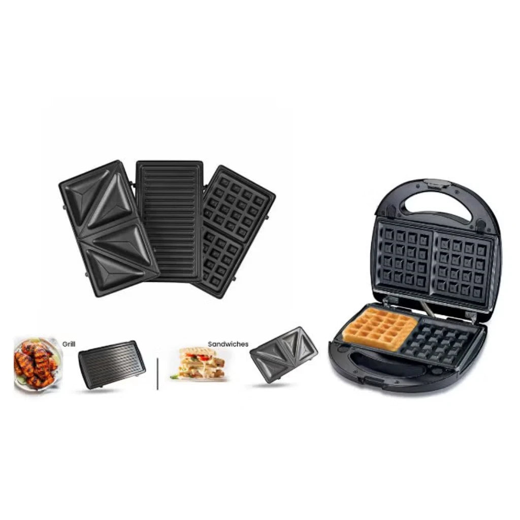Sonashi 3-in-1 Multi Snack Maker SSM-861 – Sandwich, Waffle & Grill Plates with Non-Stick Coating, Cool-Touch Handle & Overheat Protection | 760W Stainless Steel Electric Snack Maker - Damoo