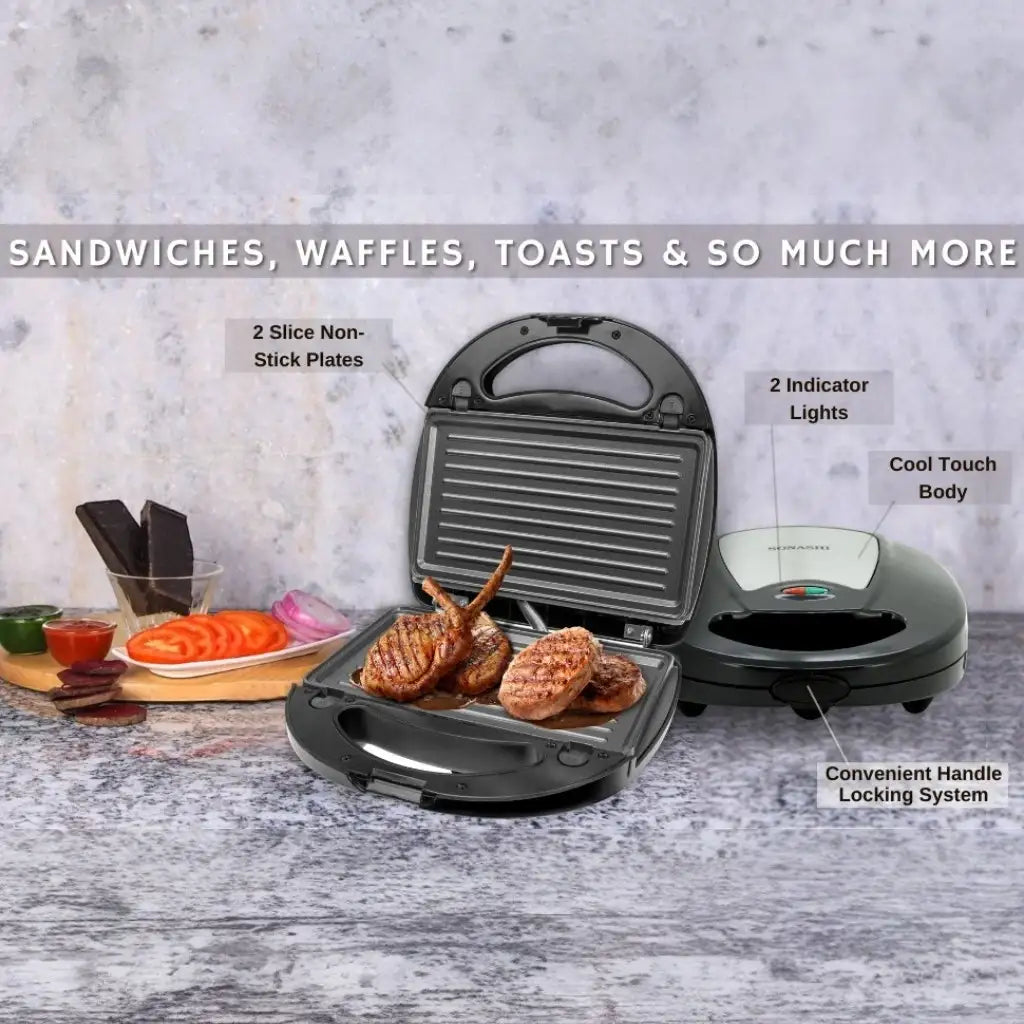 Sonashi 3-in-1 Multi Snack Maker SSM-861 – Sandwich, Waffle & Grill Plates with Non-Stick Coating, Cool-Touch Handle & Overheat Protection | 760W Stainless Steel Electric Snack Maker - Damoo