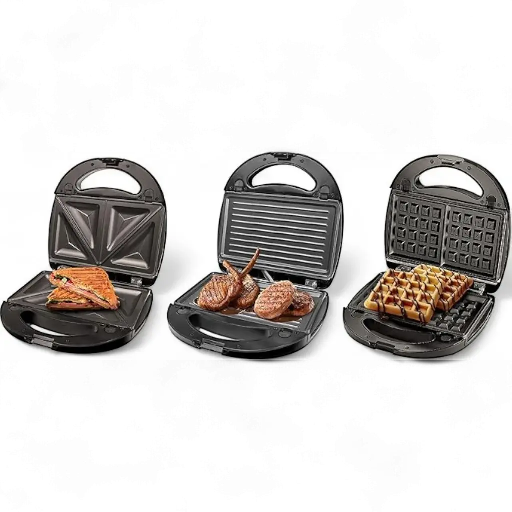 Sonashi 3-in-1 Multi Snack Maker SSM-861 – Sandwich, Waffle & Grill Plates with Non-Stick Coating, Cool-Touch Handle & Overheat Protection | 760W Stainless Steel Electric Snack Maker - Damoo