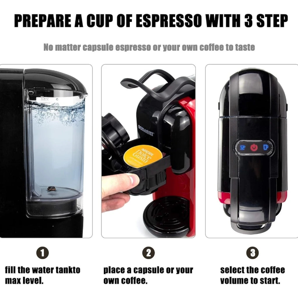 Sonashi 3 in 1 Multifunction Espresso Coffee Machine – 1450W, 600ML Water Tank, Auto Shut-Off – Compatible with Nespresso, Dolce Gusto & Coffee Powder – Red - Damoo