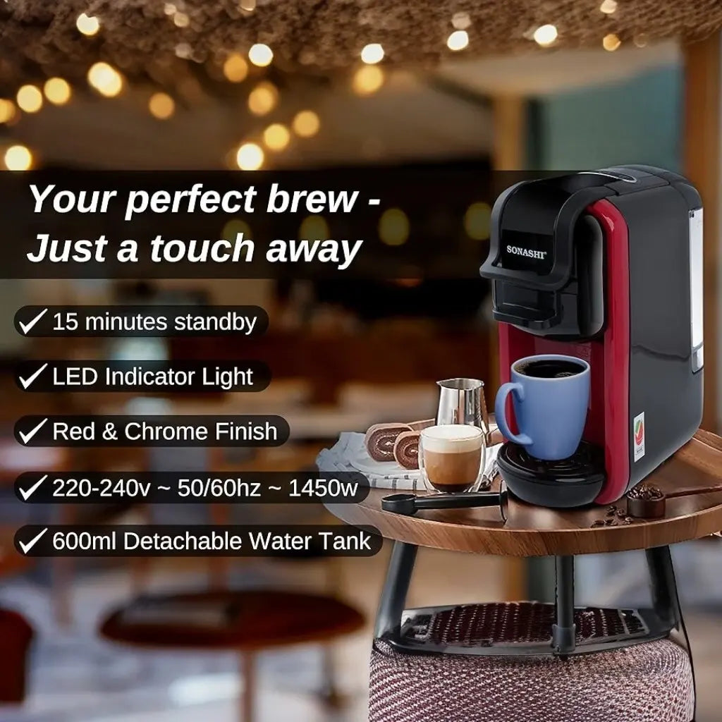 Sonashi 3 in 1 Multifunction Espresso Coffee Machine – 1450W, 600ML Water Tank, Auto Shut-Off – Compatible with Nespresso, Dolce Gusto & Coffee Powder – Red - Damoo