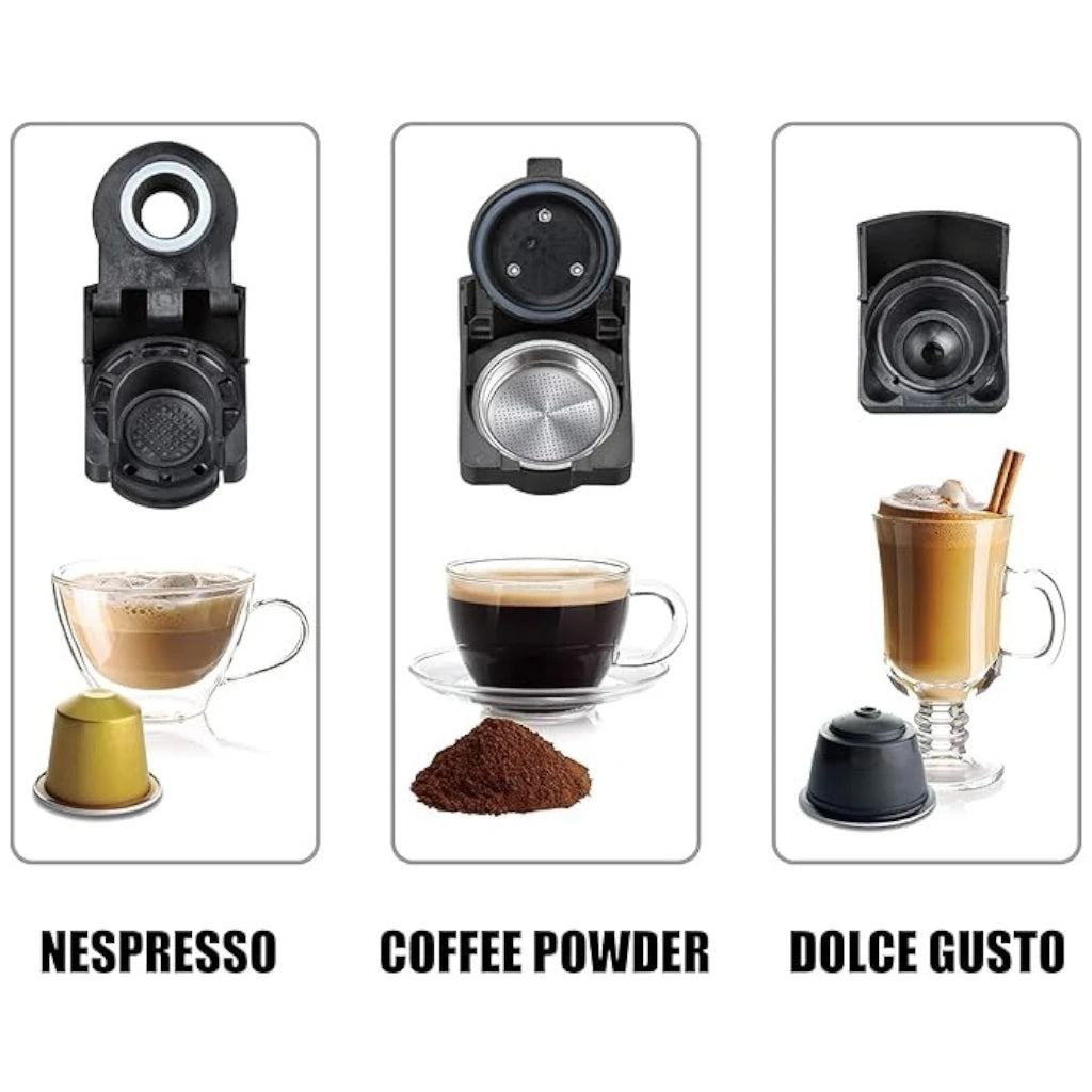 Sonashi 3 in 1 Multifunction Espresso Coffee Machine – 1450W, 600ML Water Tank, Auto Shut-Off – Compatible with Nespresso, Dolce Gusto & Coffee Powder – Red - Damoo