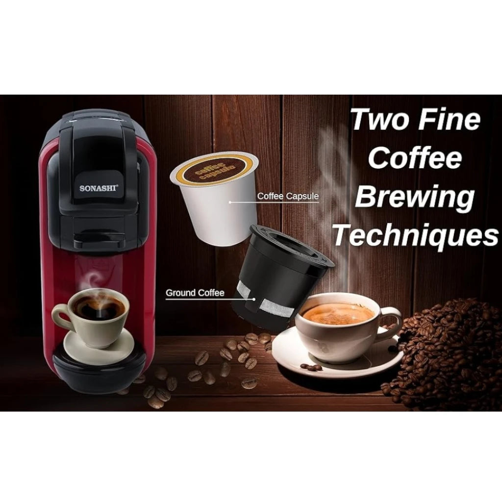 Sonashi 3 in 1 Multifunction Espresso Coffee Machine – 1450W, 600ML Water Tank, Auto Shut-Off – Compatible with Nespresso, Dolce Gusto & Coffee Powder – Red - Damoo
