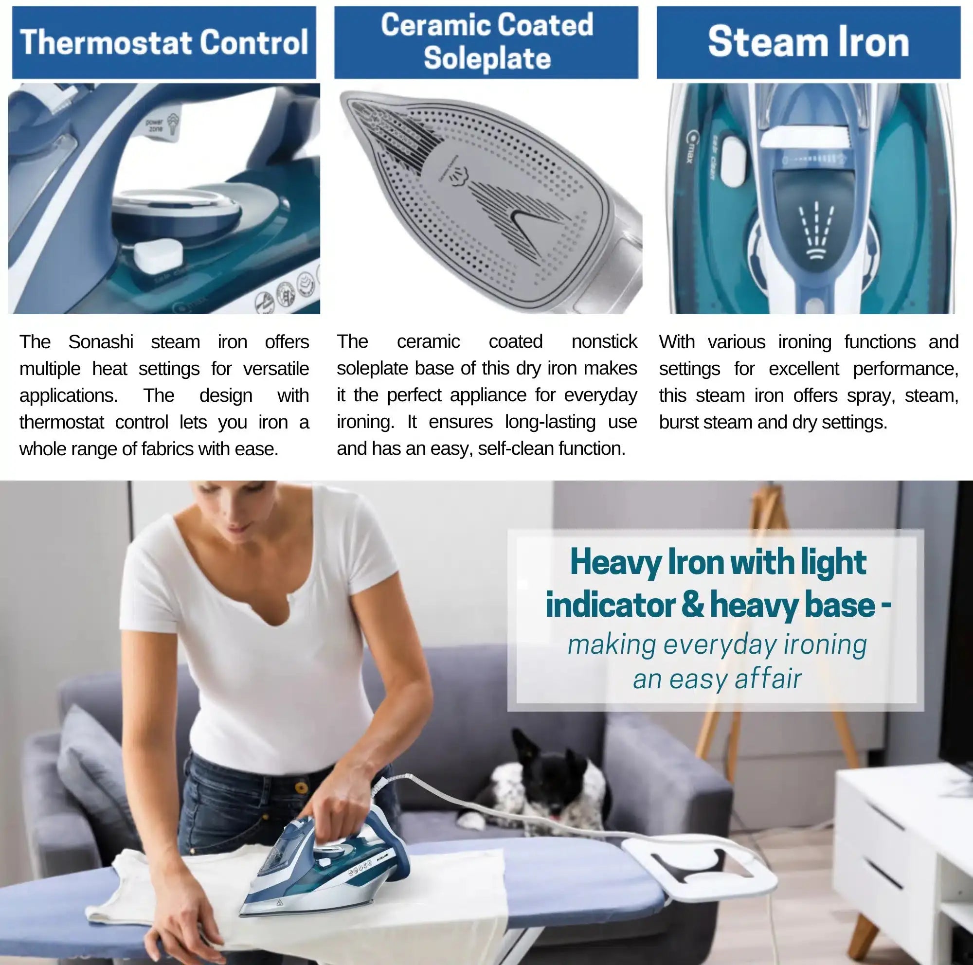 Sonashi 3000W Multifunctional Steam Iron SI-5082C – Ceramic Soleplate, Steam/Burst/Spray/Dry Functions, 450ml Tank, Overheat Protection & Self-Cleaning | Blue & White - Damoo