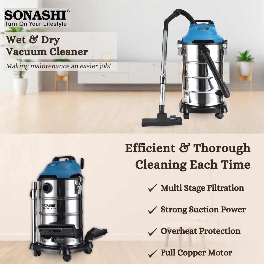 Sonashi 30L Wet & Dry Vacuum Cleaner – 1600W Motor, 20kPa Suction, Multi-Stage Filtration, Blow Function, Overheat Protection, Low Noise – SVC-9030D - Silver - Damoo