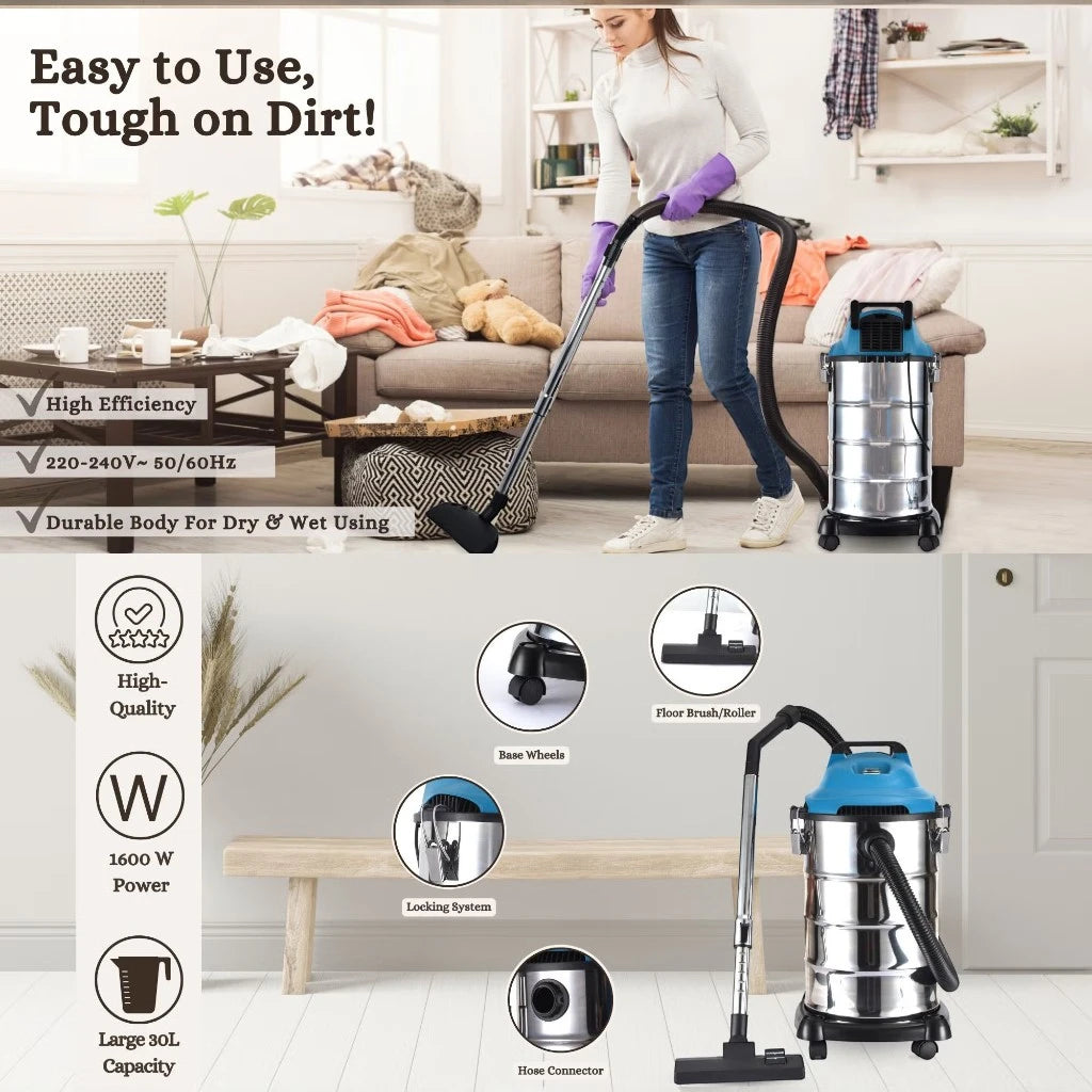 Sonashi 30L Wet & Dry Vacuum Cleaner – 1600W Motor, 20kPa Suction, Multi-Stage Filtration, Blow Function, Overheat Protection, Low Noise – SVC-9030D - Silver - Damoo