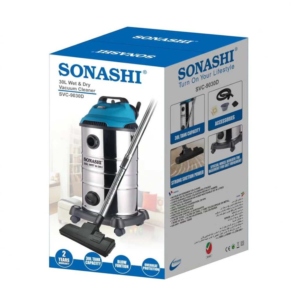 Sonashi 30L Wet & Dry Vacuum Cleaner – 1600W Motor, 20kPa Suction, Multi-Stage Filtration, Blow Function, Overheat Protection, Low Noise – SVC-9030D - Silver - Damoo