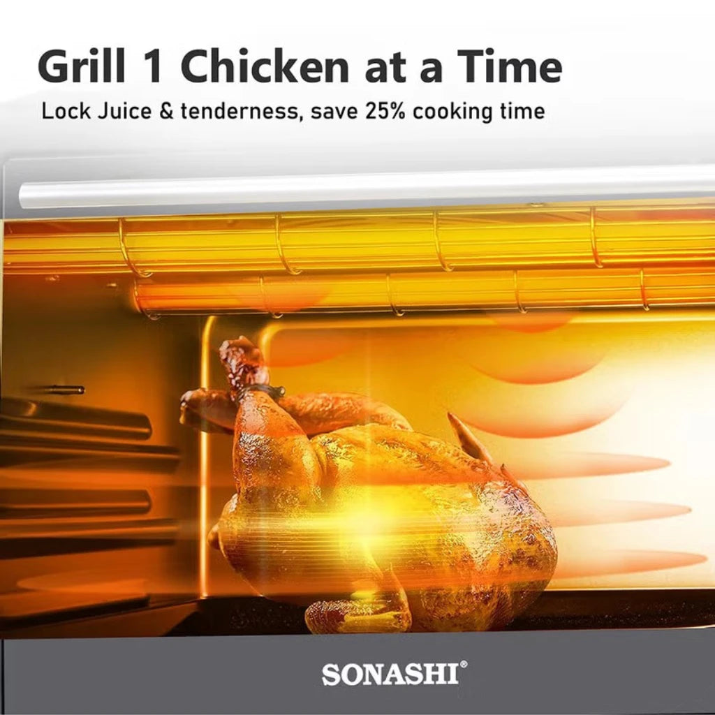 Sonashi 36L Electric Oven with Rotisserie & Convection | 1500W Countertop Oven with Timer, 4 Knobs, Adjustable Temperature 100–250°C | Bake Tray, Rack, Handle & Tong Included – STO-731 Black - Damoo